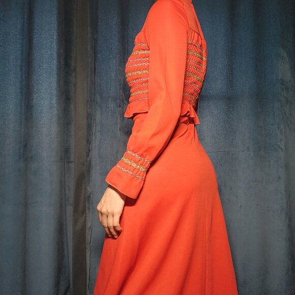 Vintage 60s Holidays bright red and gold babydoll long bell-sleeved maxi dress - Picture 8 of 14